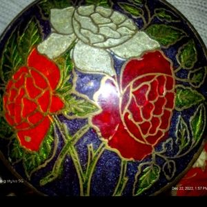 Enameled Brass trinket box and trinket dishes set of 3 pieces ANTIQUE